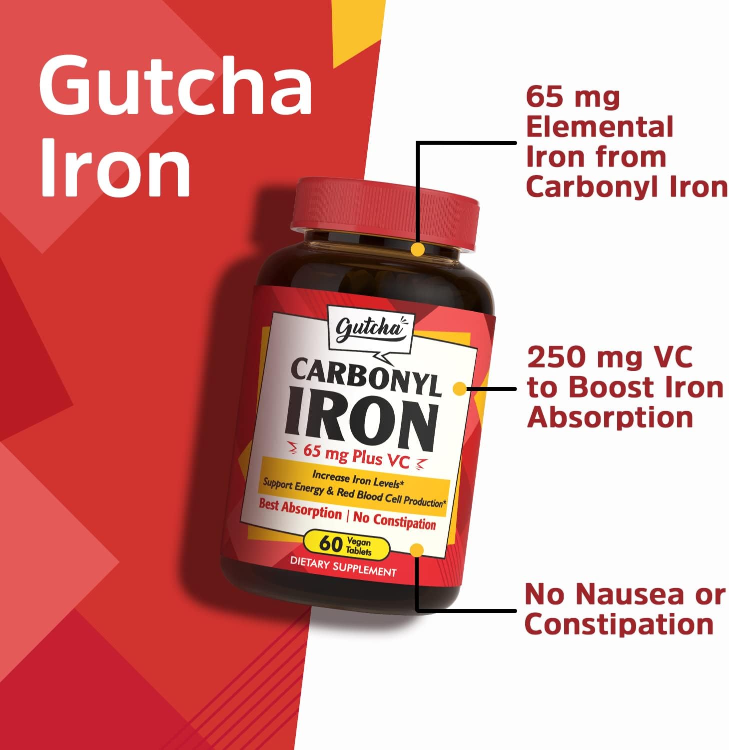 Carbonyl Iron Supplement with Vitamin C for Energy and Blood Support, Gentle on Stomach, Vegan, Non-GMO - 60 Ct