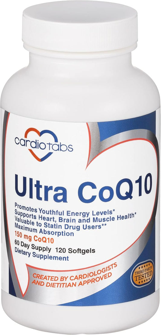 CardioTabs Ultra CoQ10 Coenzyme Supplement - 150mg Ubiquinone - 2 Softgels - Improved Absorption - Cardio, Brain & Muscle Health - 120 Softgels