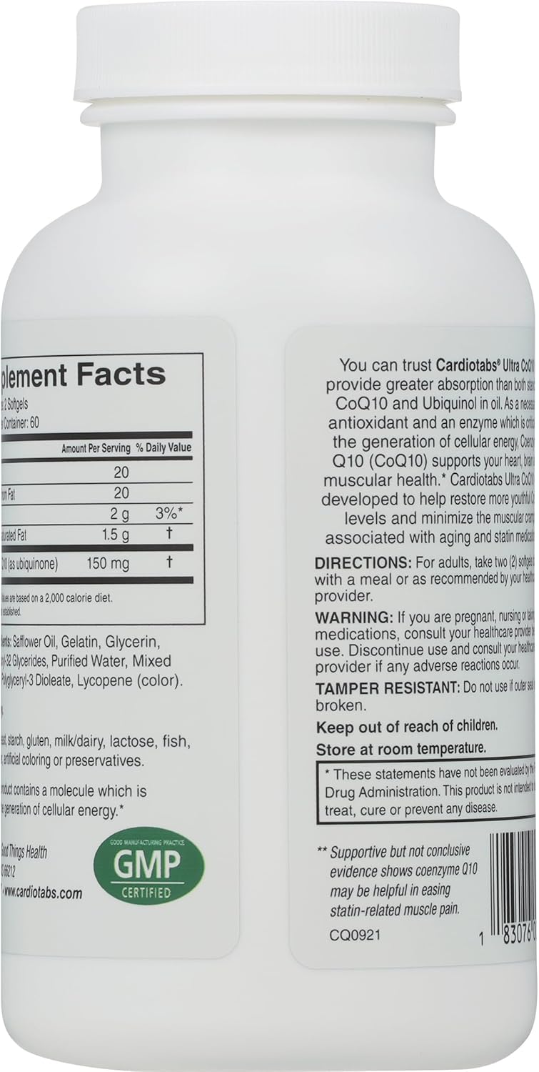 CardioTabs Ultra CoQ10 Coenzyme Supplement - 150mg Ubiquinone - 2 Softgels - Improved Absorption - Cardio, Brain & Muscle Health - 120 Softgels