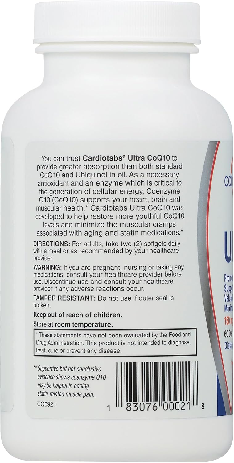 CardioTabs Ultra CoQ10 Coenzyme Supplement - 150mg Ubiquinone - 2 Softgels - Improved Absorption - Cardio, Brain & Muscle Health - 120 Softgels