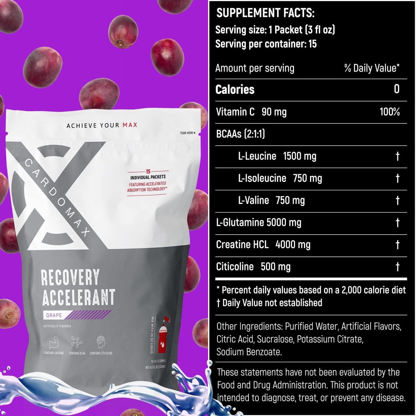 CardoMax Grape Recovery Accelerant Liquid with BCAAs, Glutamine, Creatine, Vitamin C - Keto, Vegan, Sugar-Free - Muscle Recovery & No Calories
