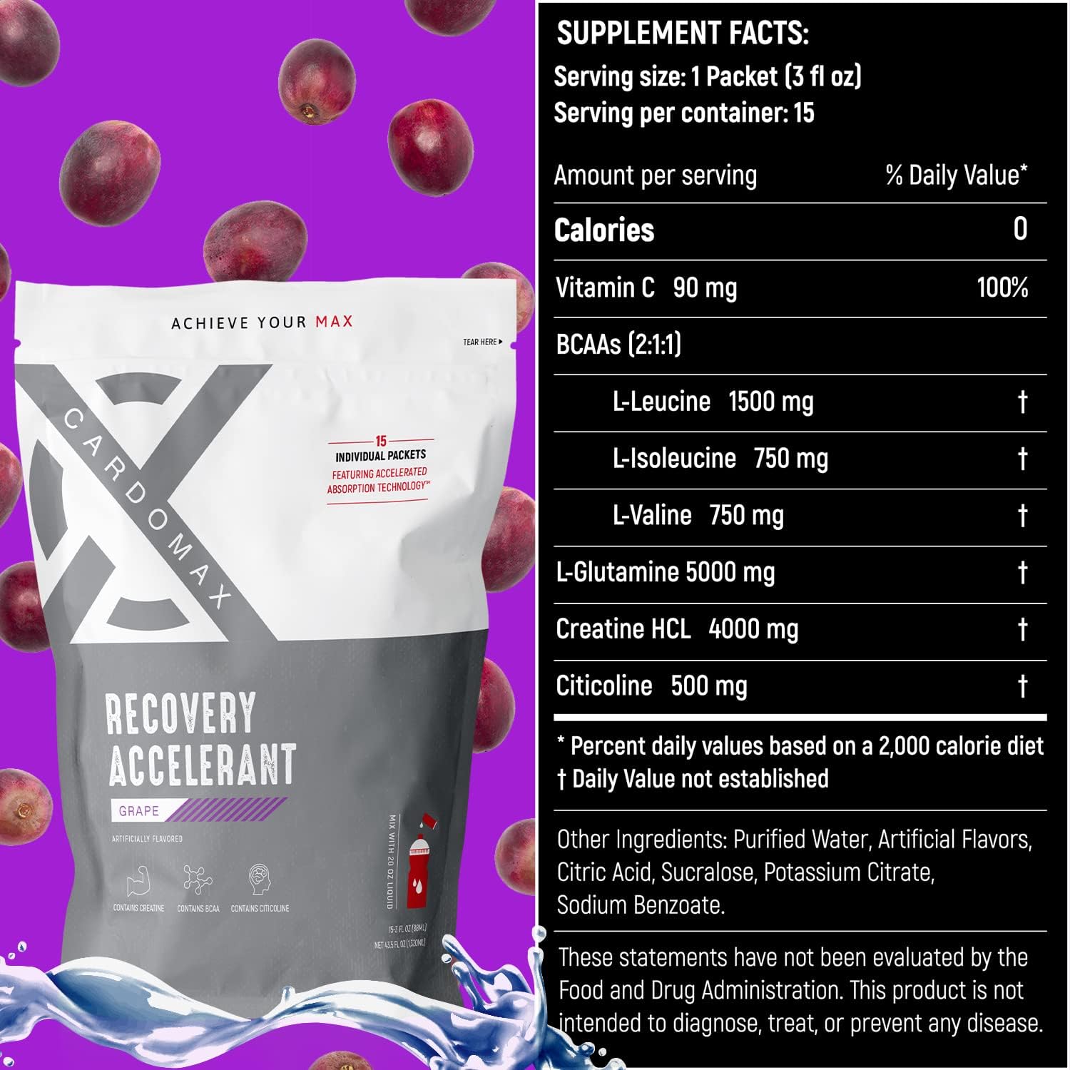 CardoMax Grape Recovery Accelerant Liquid with BCAAs, Glutamine, Creatine, Vitamin C - Keto, Vegan, Sugar-Free - Muscle Recovery & No Calories