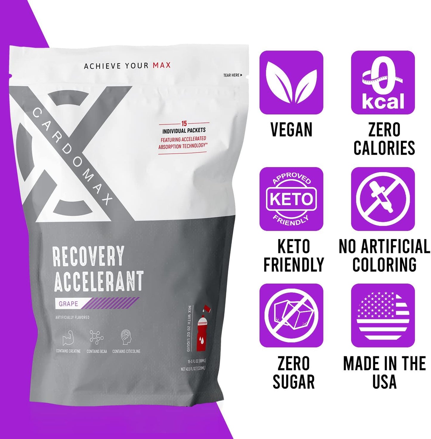 CardoMax Grape Recovery Accelerant Liquid with BCAAs, Glutamine, Creatine, Vitamin C - Keto, Vegan, Sugar-Free - Muscle Recovery & No Calories