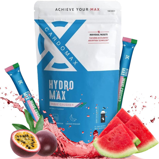 CardoMax Hydromax Wavecrusher Flavor Drink Mix - Watermelon & Passion Fruit, 15 Liquid Electrolyte Packets for Rapid Rehydration, Zero Sugar & Keto/Vegan-Friendly