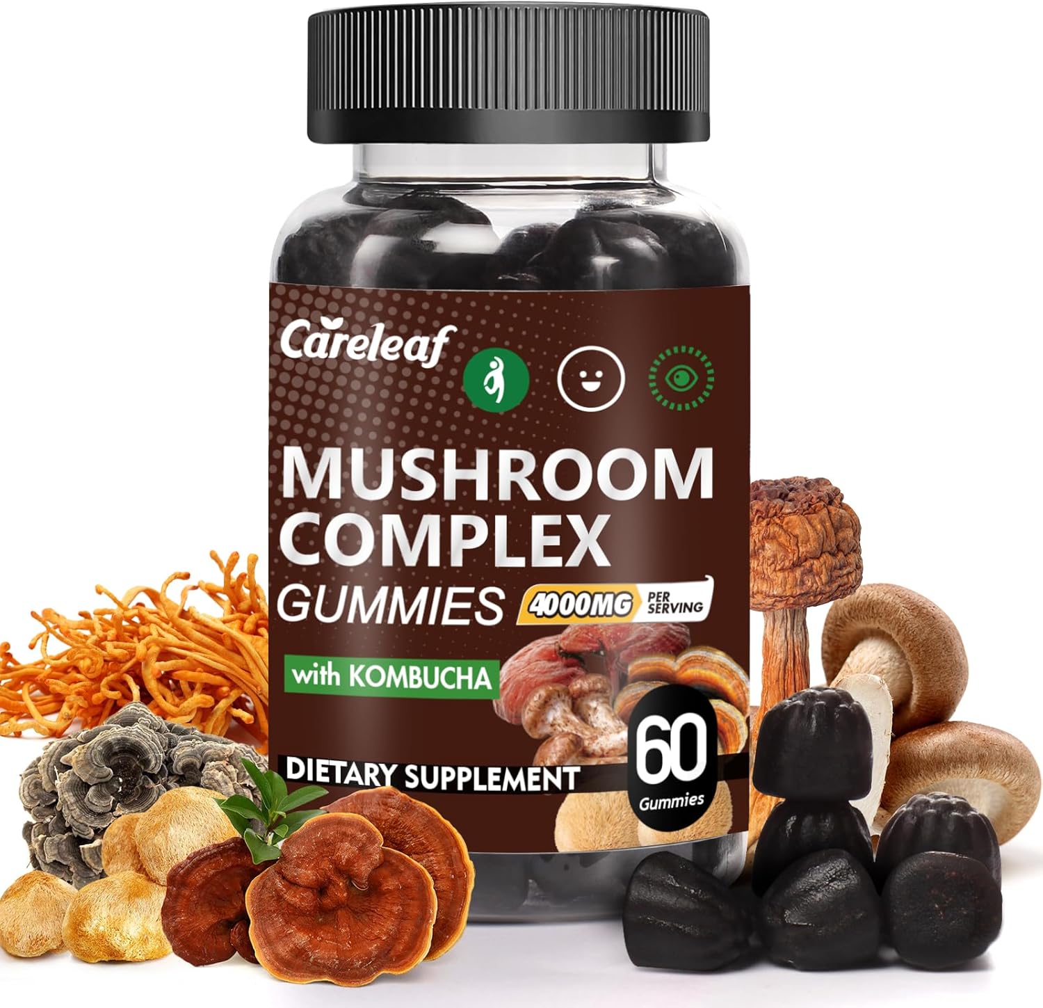 Careleaf Lion's Mane Mushroom Gummies - 9-in-1 Focus & Energy Supplement for Immune Support - 60 Count Boost Mood & Energy - Kombucha Flavor