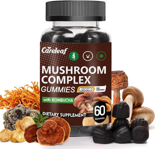 Careleaf Lion's Mane Mushroom Gummies - 9-in-1 Focus & Energy Supplement for Immune Support - 60 Count Boost Mood & Energy - Kombucha Flavor
