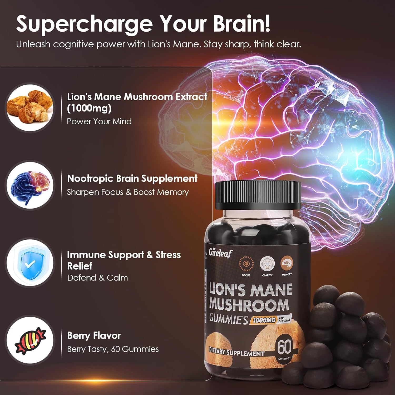 careleaf Lions Mane Mushroom Gummies - Nootropic Brain Supplement for Immune Support & Stress Relief - Berry Flavor - 60 Count