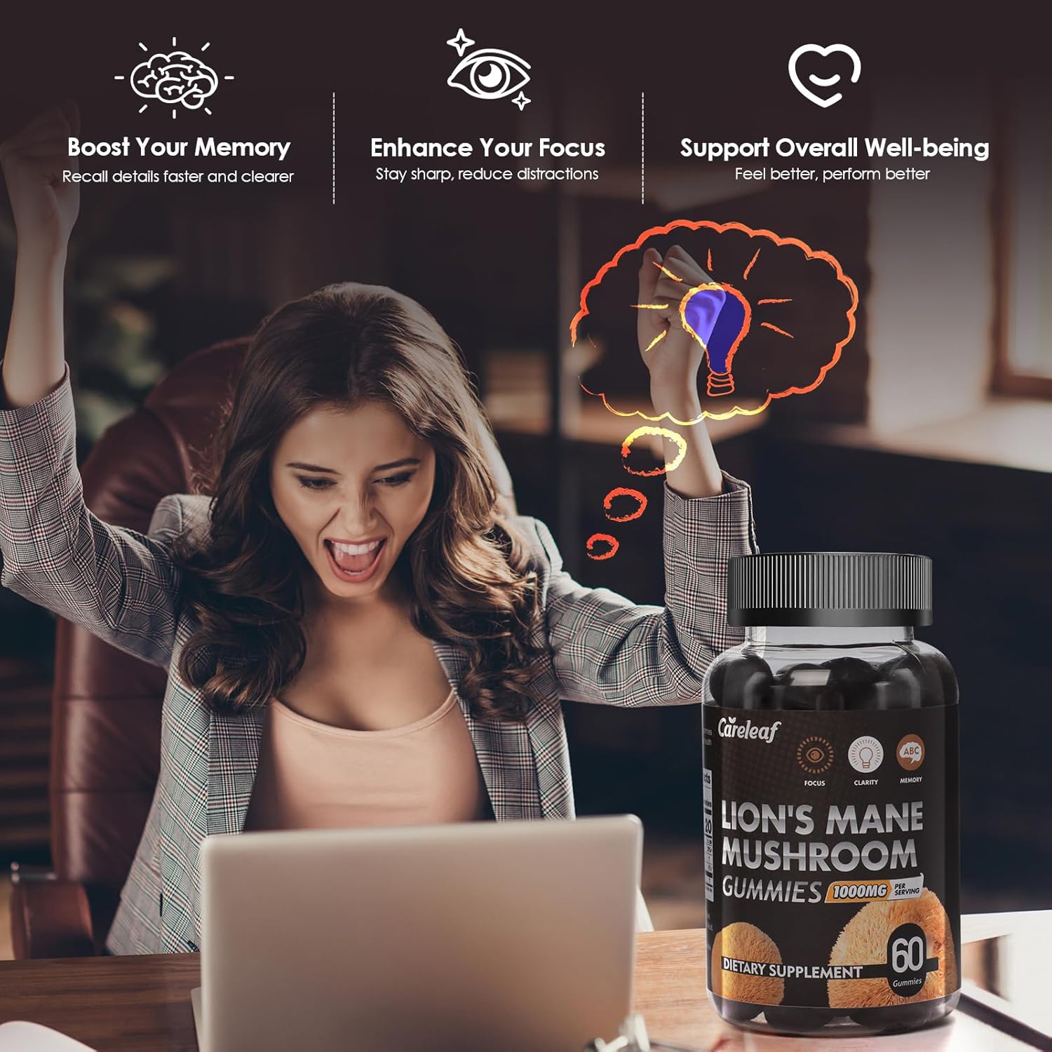 careleaf Lions Mane Mushroom Gummies - Nootropic Brain Supplement for Immune Support & Stress Relief - Berry Flavor - 60 Count