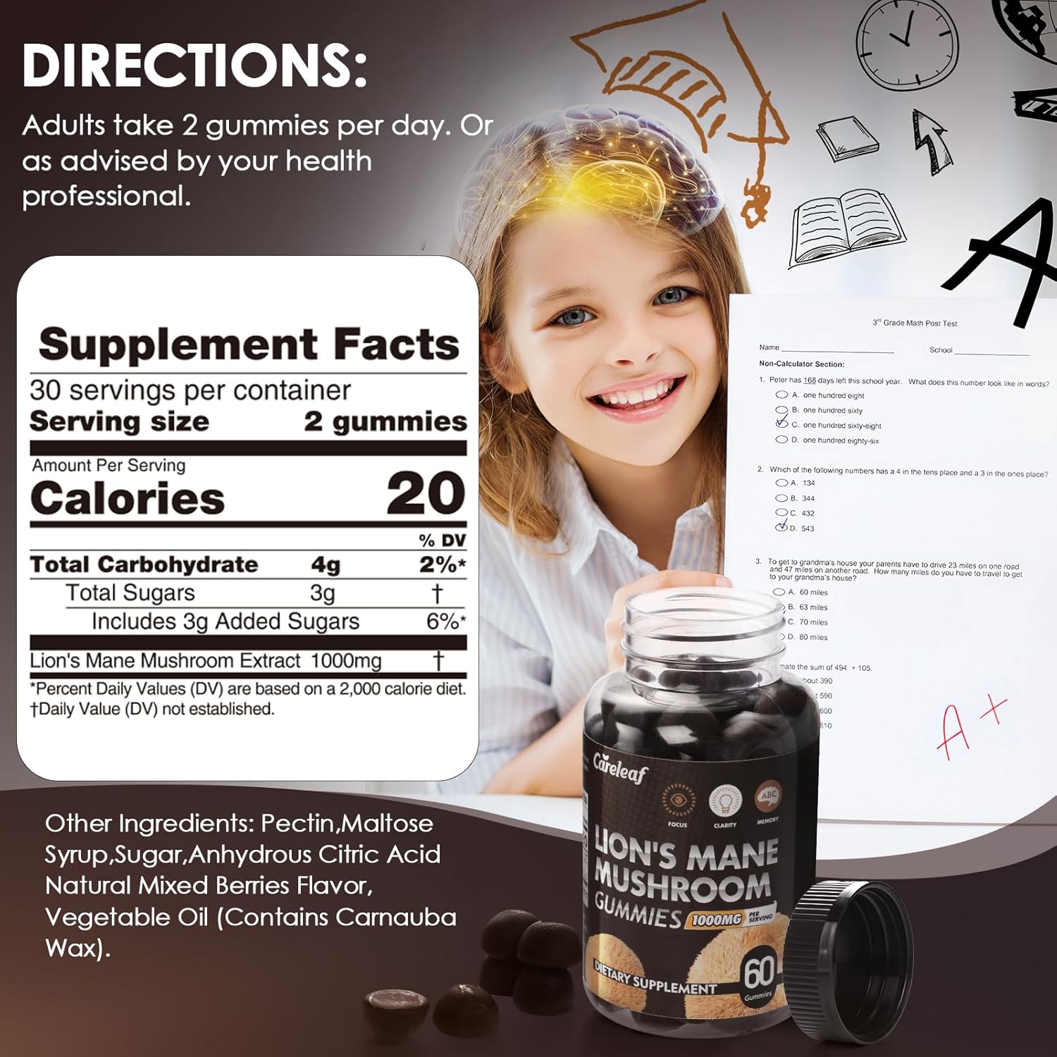 careleaf Lions Mane Mushroom Gummies - Nootropic Brain Supplement for Immune Support & Stress Relief - Berry Flavor - 60 Count