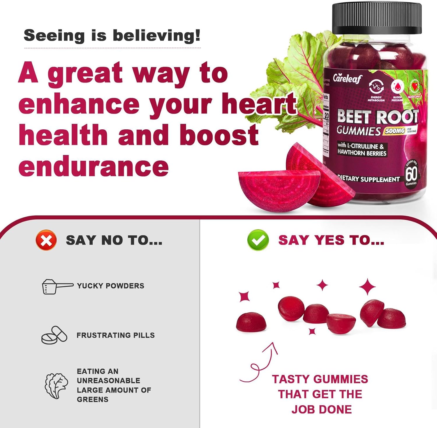 careleaf Sugar Free Vegan Beet Root Gummies with L-Citrulline and Hawthorn Extract for Blood Pressure Support - Peach Flavor, 60 Count