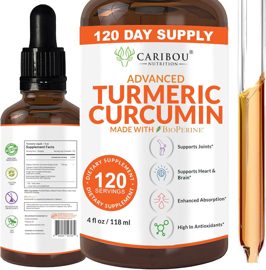 Caribou Nutrition Turmeric Curcumin Liquid Supplement with Bioperine and Black Pepper for Joint Support - 2 Month Supply - 4oz