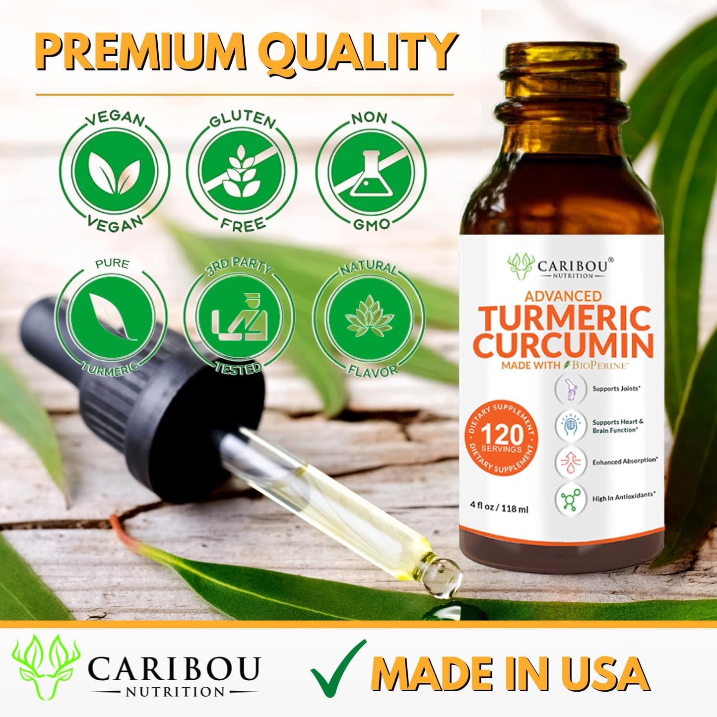 Caribou Nutrition Turmeric Curcumin Liquid Supplement with Bioperine and Black Pepper for Joint Support - 2 Month Supply - 4oz
