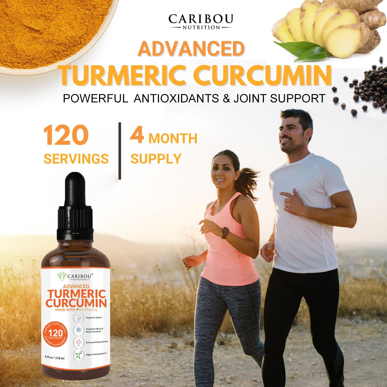Caribou Nutrition Turmeric Curcumin Liquid Supplement with Bioperine and Black Pepper for Joint Support - 2 Month Supply - 4oz