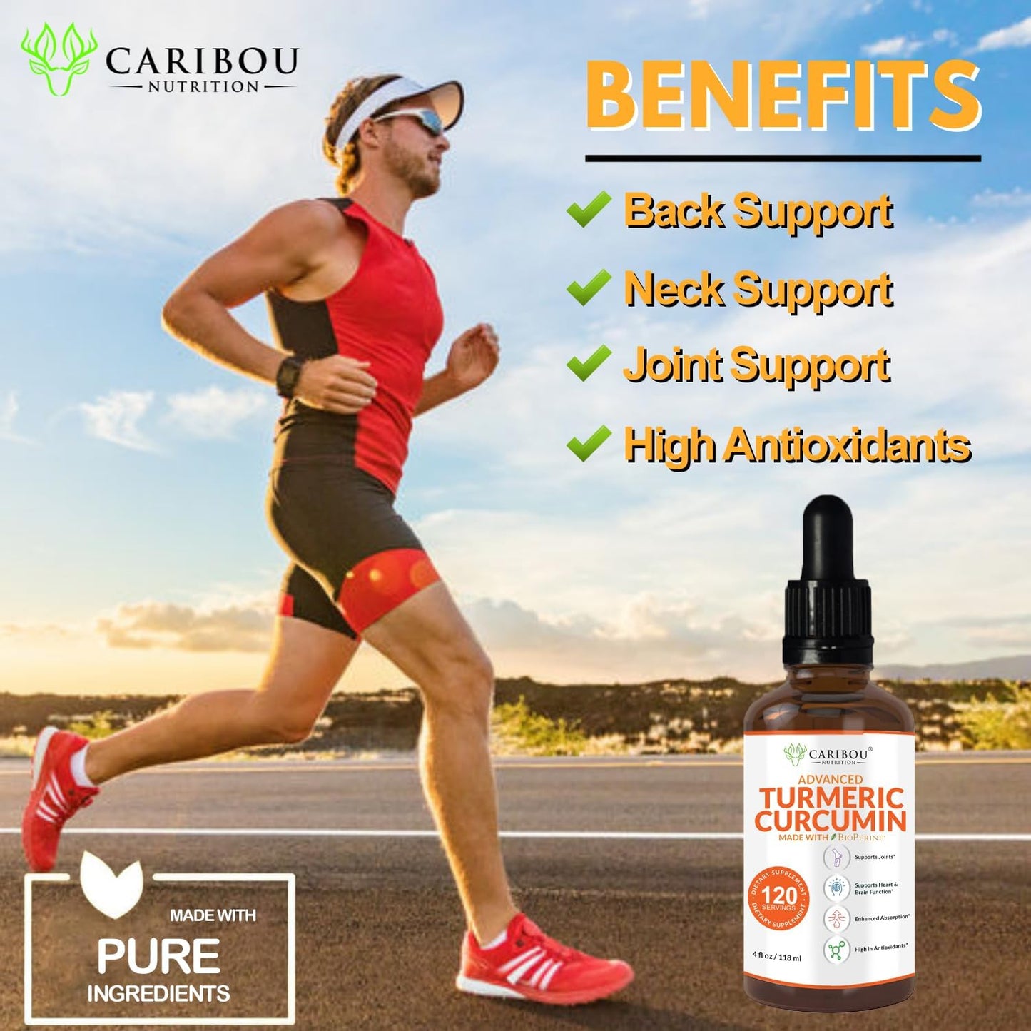 Caribou Nutrition Turmeric Curcumin Liquid Supplement with Bioperine and Black Pepper for Joint Support - 2 Month Supply - 4oz