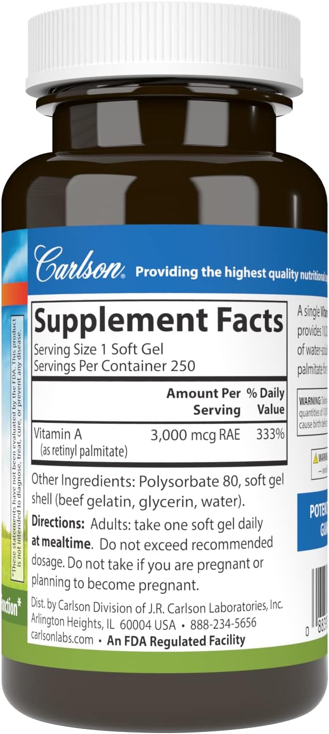 Carlson - Solubilized Vitamin A 10000 IU (3000 mcg RAE) Softgels for Vision Health - 250 Count