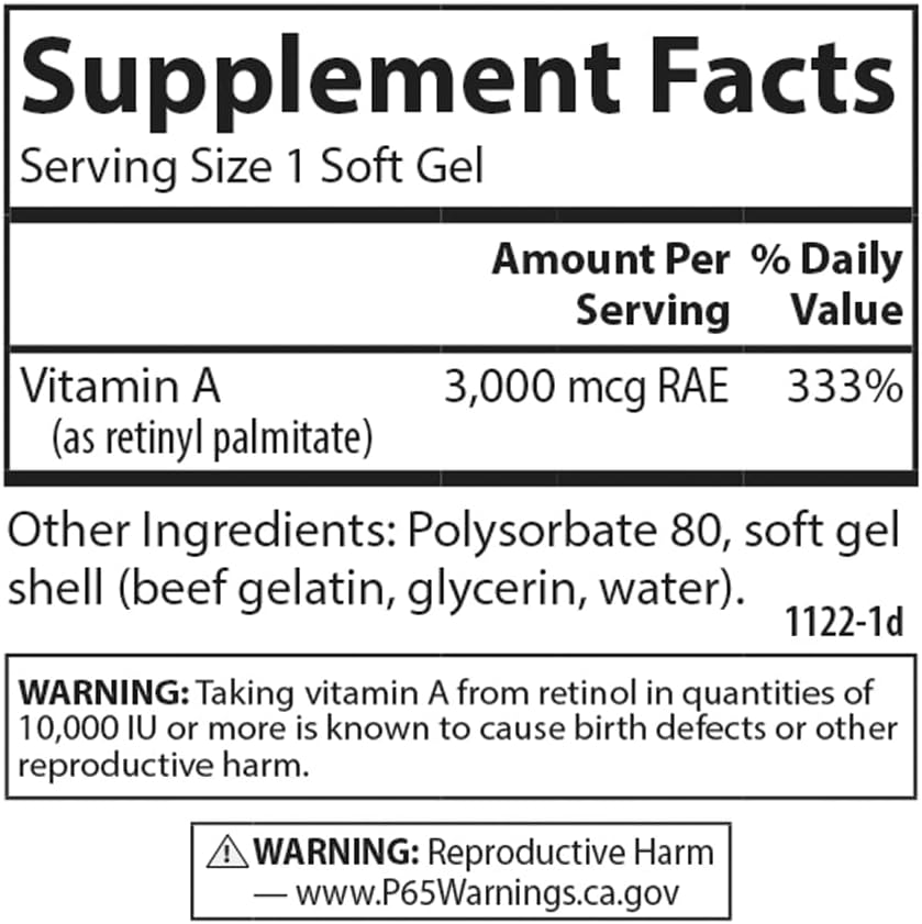 Carlson - Solubilized Vitamin A 10000 IU (3000 mcg RAE) Softgels for Vision Health - 250 Count