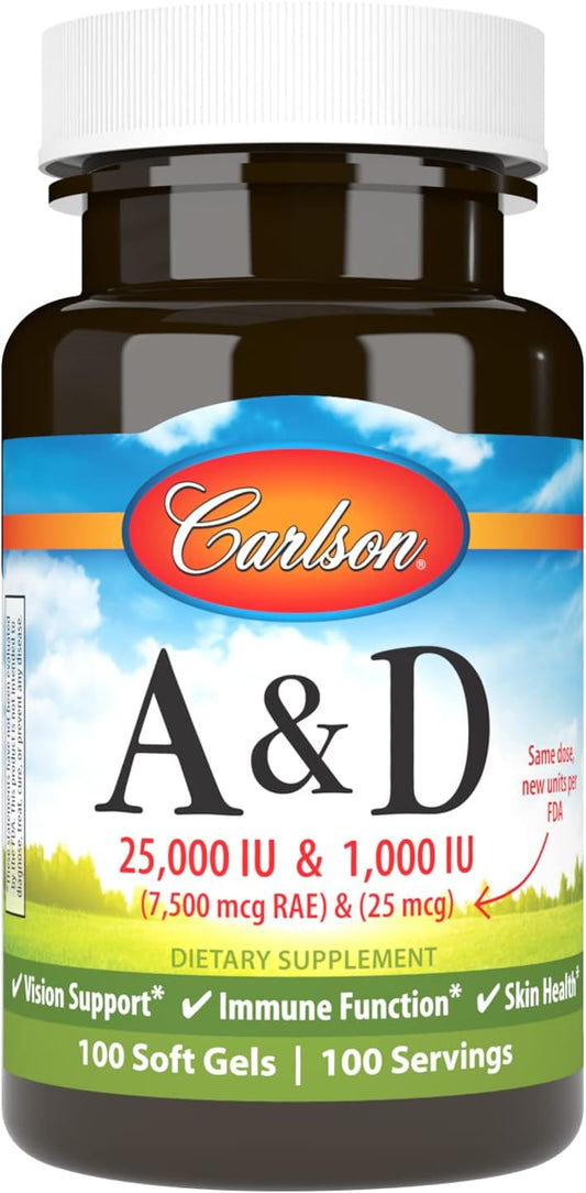 Carlson A & D Vision Support Softgels - 25000 IU Vitamin A, 1000 IU Vitamin D, Skin Health - 100 Count