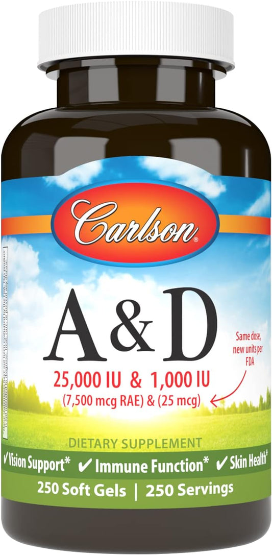 Carlson A & D Vitamin Supplement Softgels, 250 Count - Vision and Skin Health Support