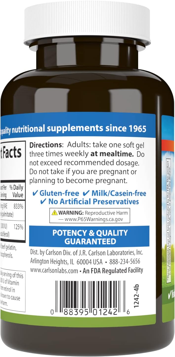 Carlson A & D Vitamin Supplement Softgels, 250 Count - Vision and Skin Health Support