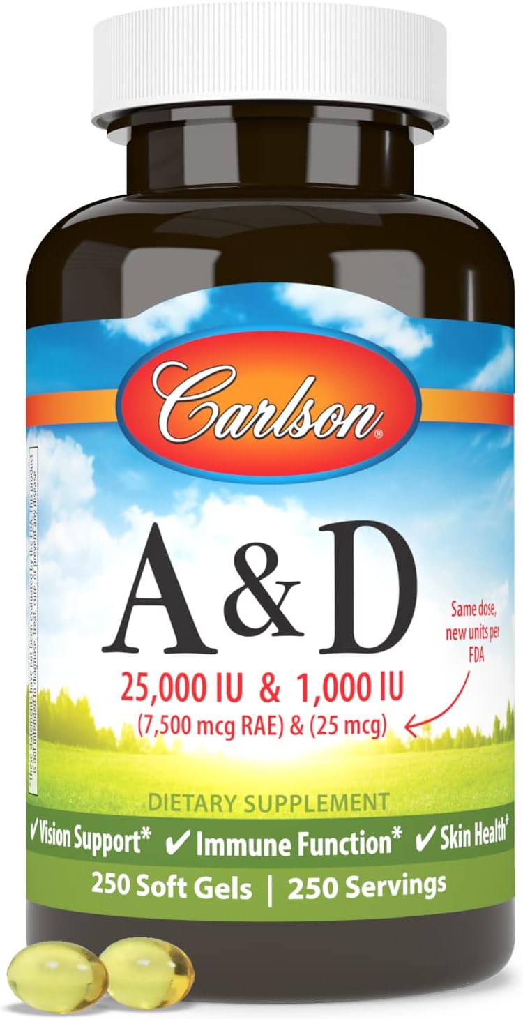 Carlson A & D Vitamin Supplement Softgels, 250 Count - Vision and Skin Health Support