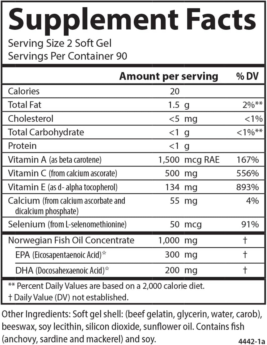 Carlson ACES + Omega Softgels - Vitamin A, C, E, Selenium, Omega-3 EPA, DHA for Health Support - 180 Count