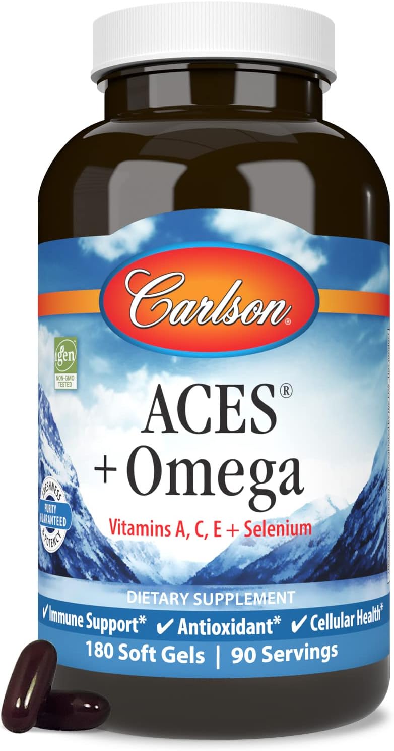 Carlson ACES + Omega Softgels - Vitamin A, C, E, Selenium, Omega-3 EPA, DHA for Health Support - 180 Count