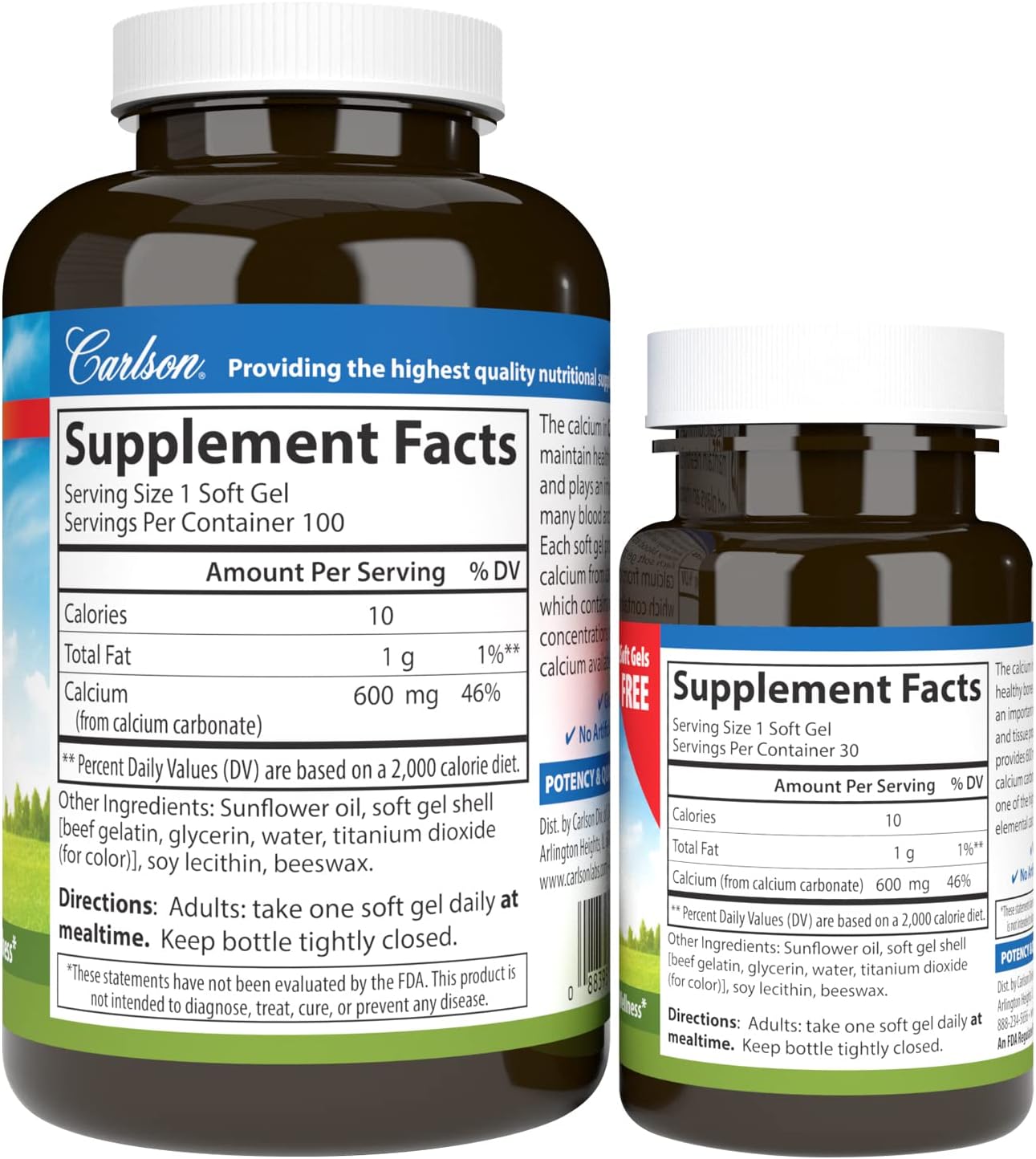 Carlson Cal-600 Softgels - 600mg Calcium for Bone Support & Healthy Teeth - 100+30 Count