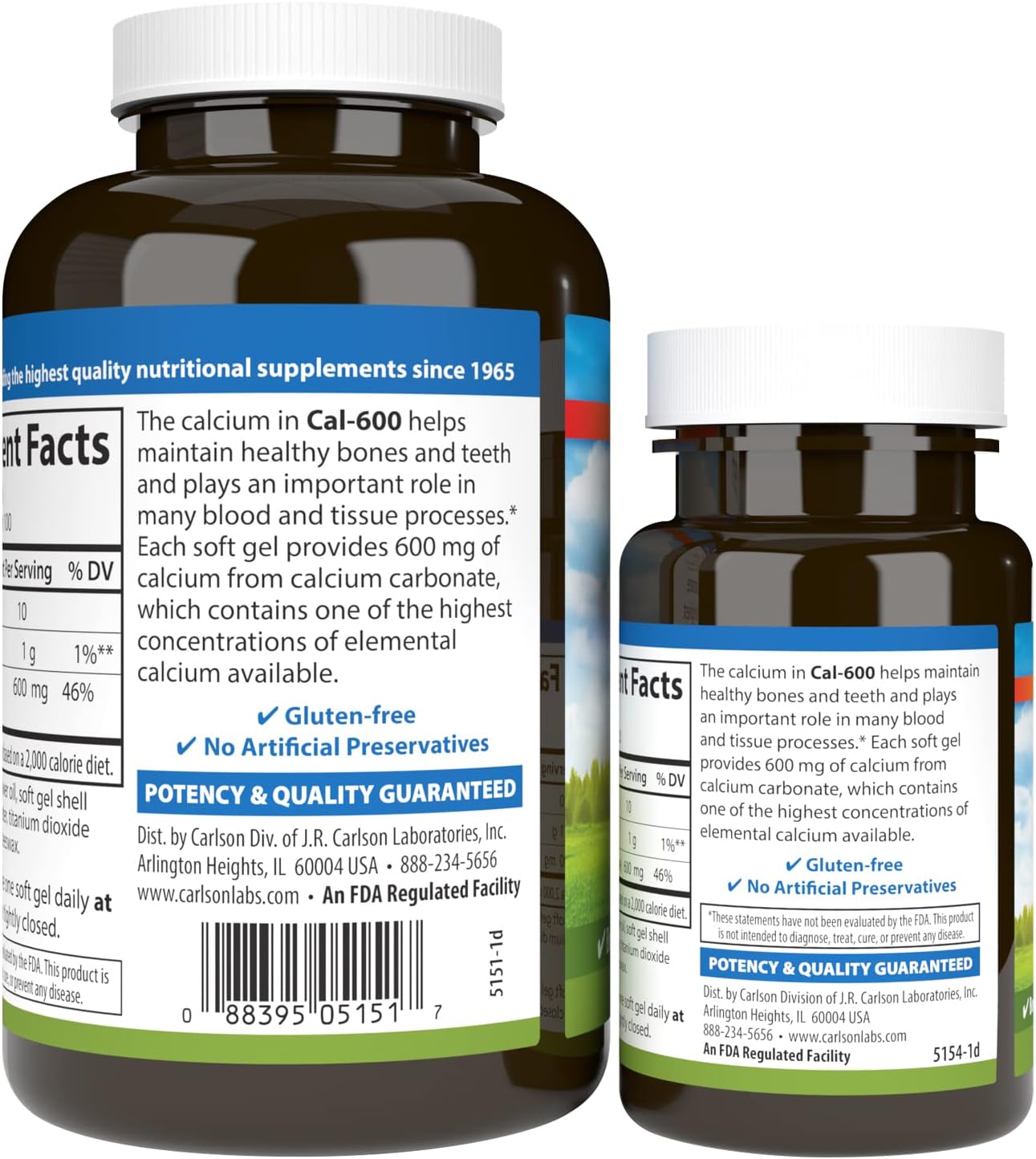 Carlson Cal-600 Softgels - 600mg Calcium for Bone Support & Healthy Teeth - 100+30 Count