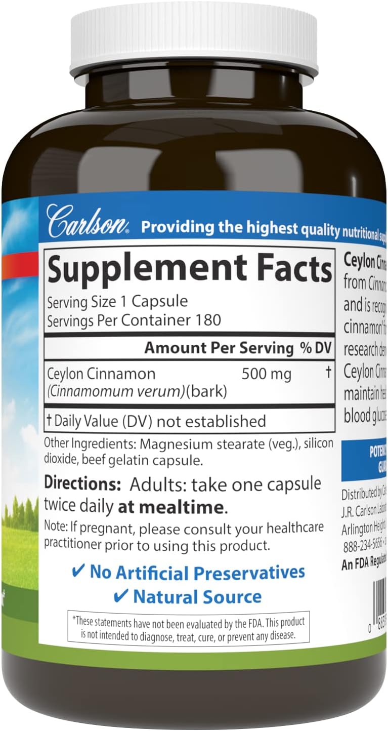 Carlson Ceylon Cinnamon Extract Capsules - 500mg Supplement Pills - 180 Capsules