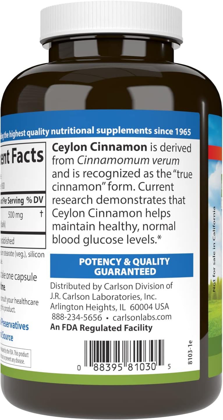 Carlson Ceylon Cinnamon Extract Capsules - 500mg Supplement Pills - 180 Capsules