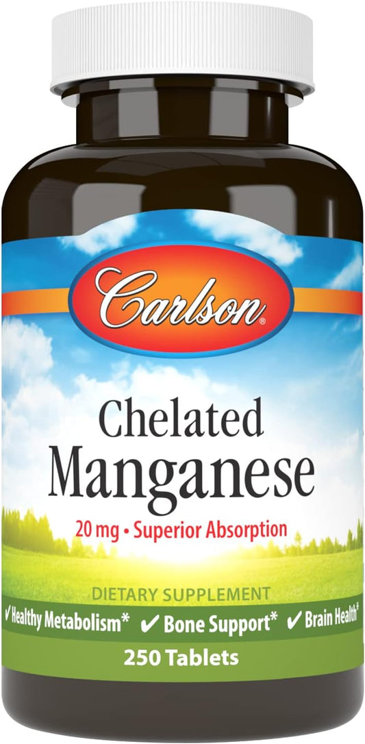 Carlson Chelated Manganese 20 mg Tablets - Supports Healthy Metabolism, Bone Health, and Brain Function, High Absorption Formula - 250 Count