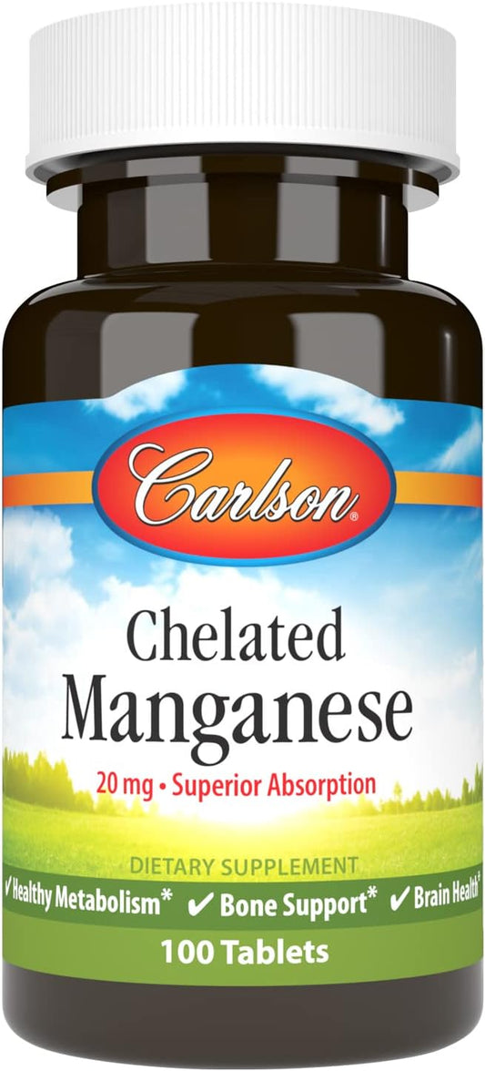 Carlson Chelated Manganese 20 mg Tablets for Enhanced Absorption, Metabolism, Bone & Brain Health - 100 Count