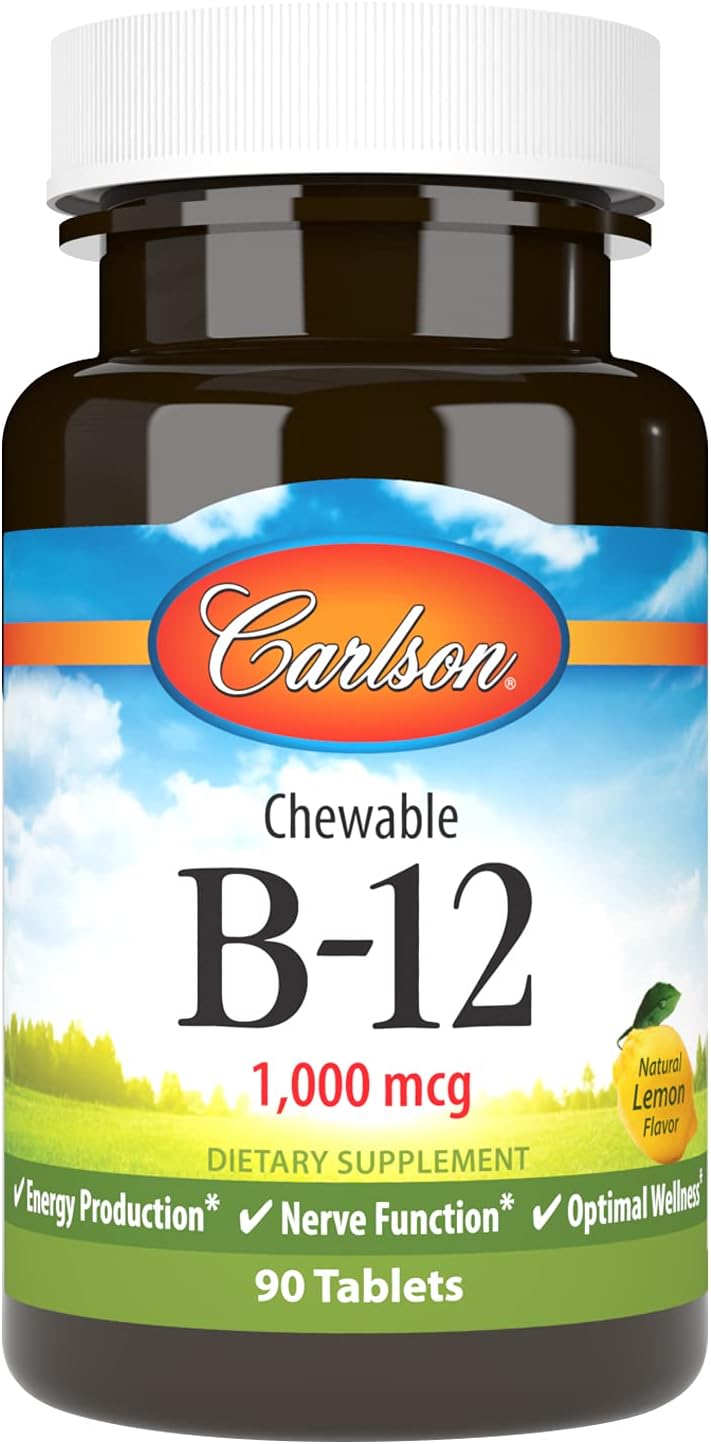 Carlson Chewable B-12 1000 mcg Tablets for Energy & Nerve Function, Lemon Flavor - 90 Count