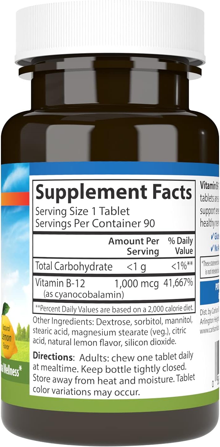 Carlson Chewable B-12 1000 mcg Tablets for Energy & Nerve Function, Lemon Flavor - 90 Count