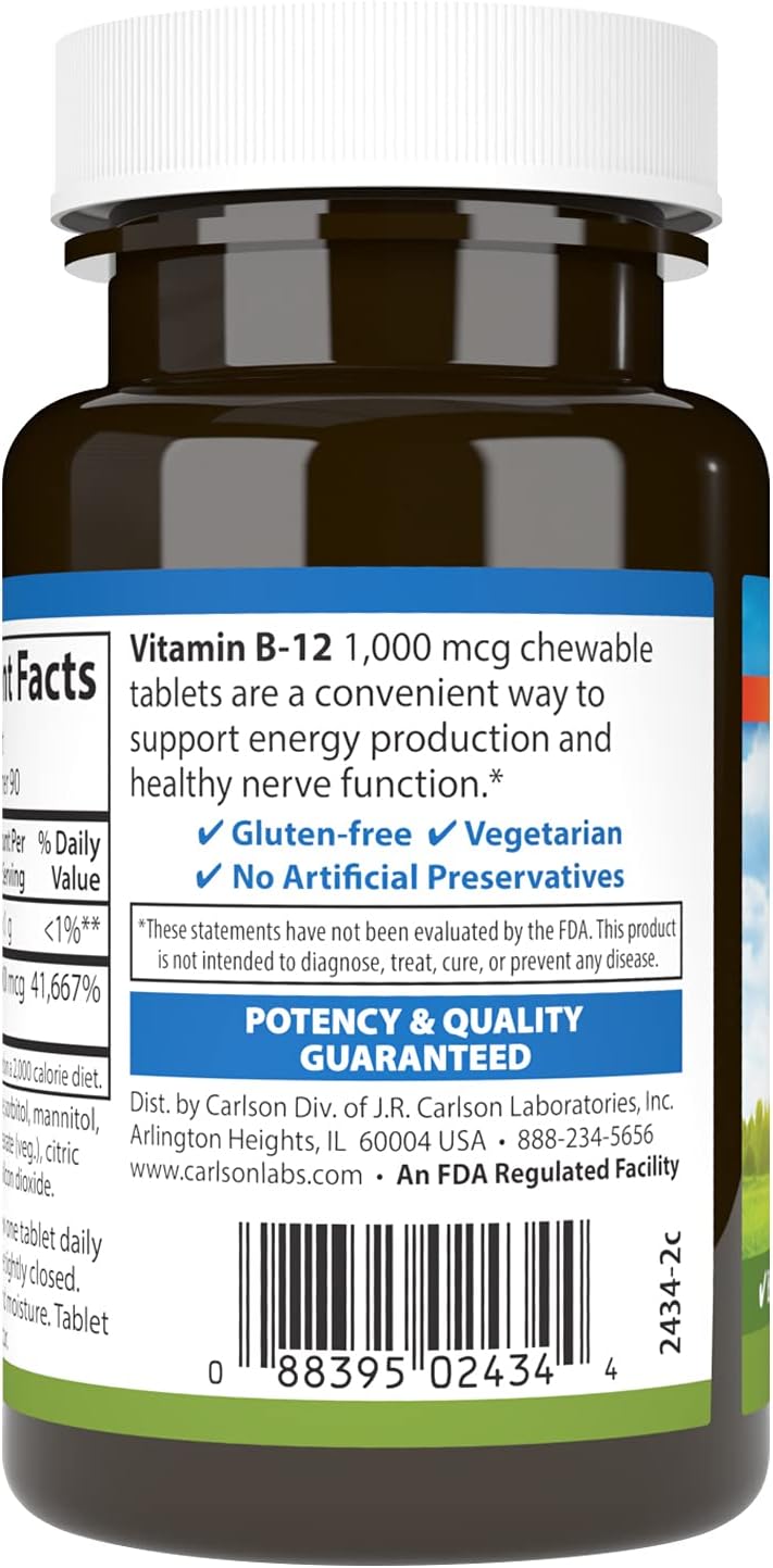 Carlson Chewable B-12 1000 mcg Tablets for Energy & Nerve Function, Lemon Flavor - 90 Count