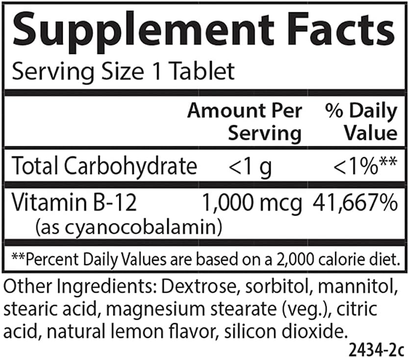 Carlson Chewable B-12 1000 mcg Tablets for Energy & Nerve Function, Lemon Flavor - 90 Count