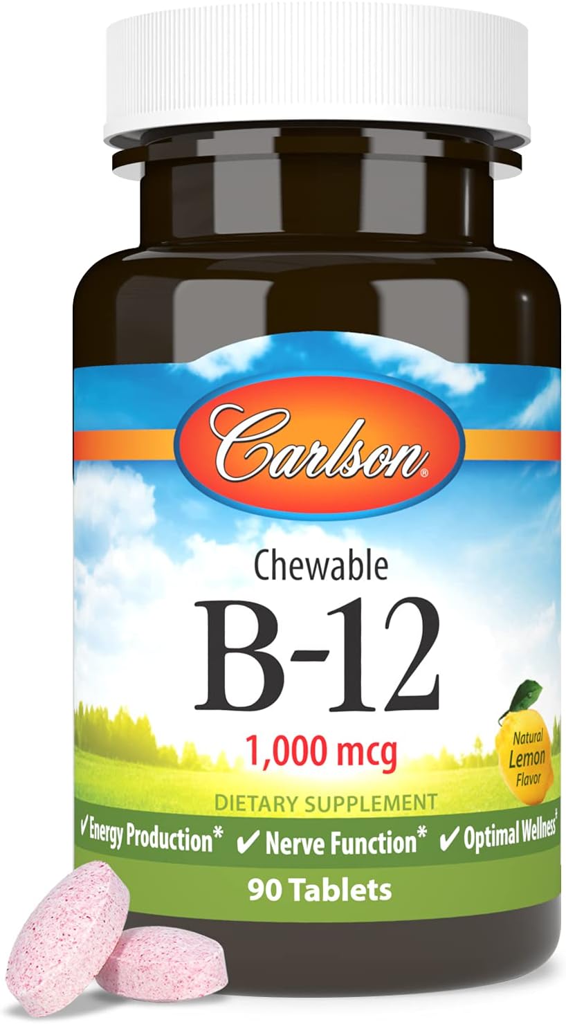 Carlson Chewable B-12 1000 mcg Tablets for Energy & Nerve Function, Lemon Flavor - 90 Count