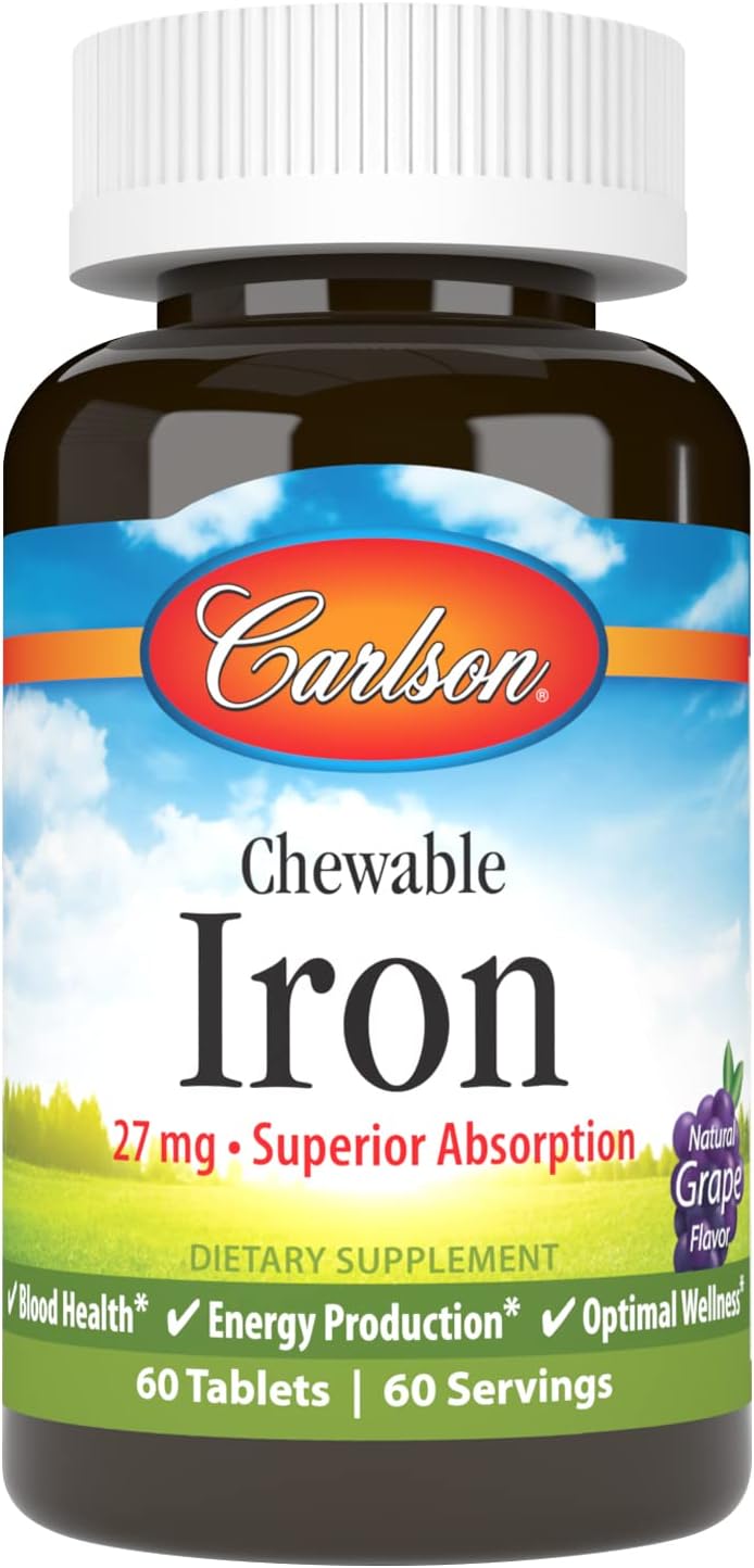 Carlson Chewable Iron Tablets - 27 mg, Superior Absorption for Blood Health & Energy Production - Grape Flavor, 60 Count