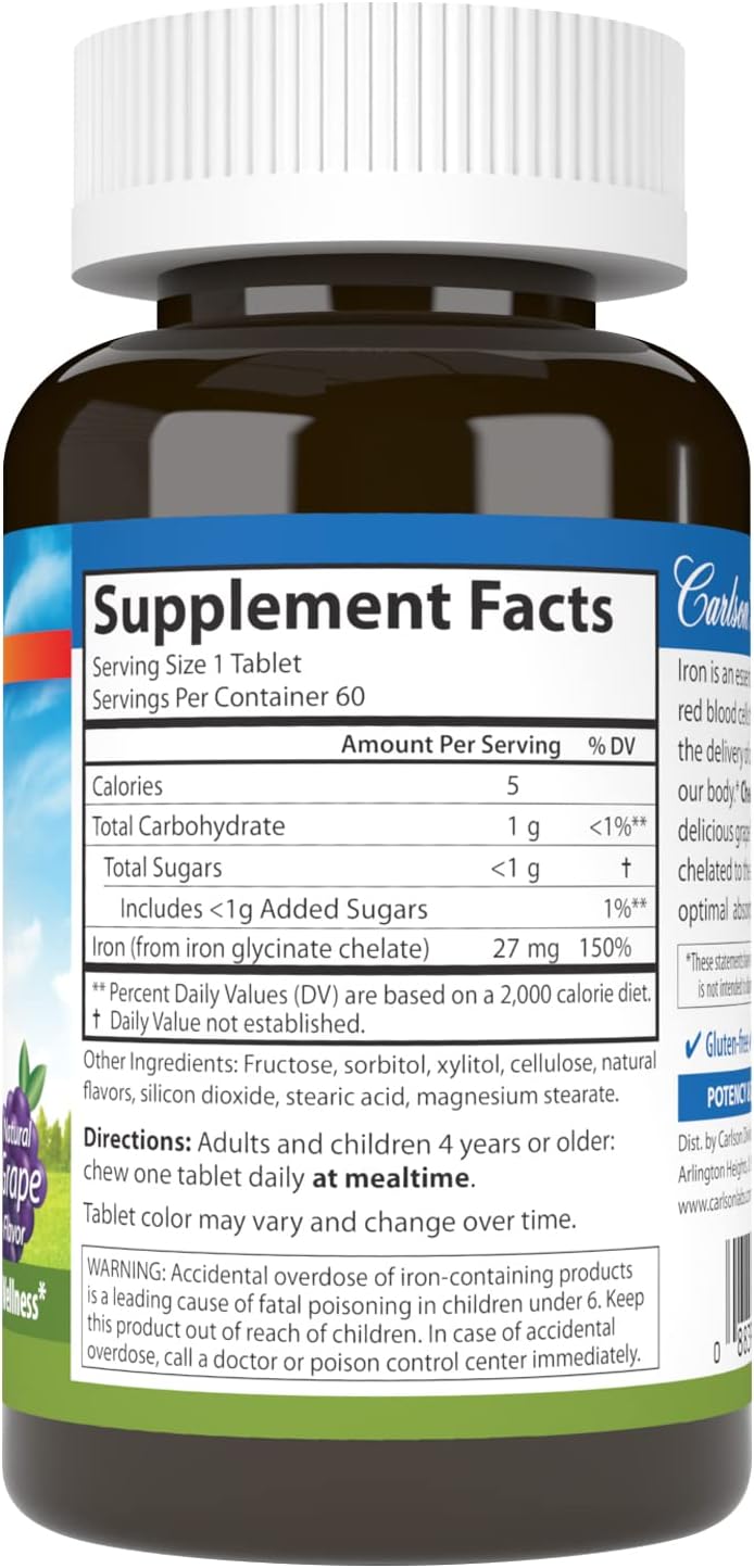 Carlson Chewable Iron Tablets - 27 mg, Superior Absorption for Blood Health & Energy Production - Grape Flavor, 60 Count