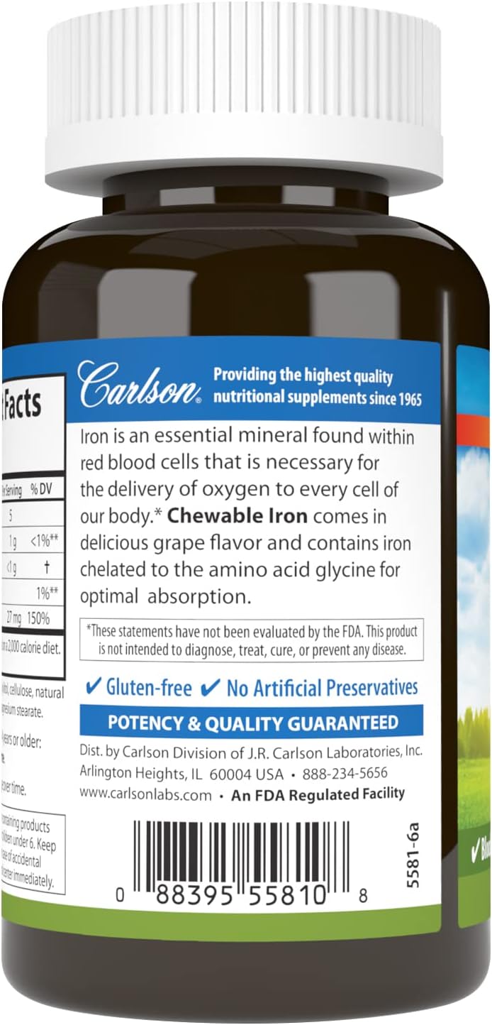 Carlson Chewable Iron Tablets - 27 mg, Superior Absorption for Blood Health & Energy Production - Grape Flavor, 60 Count