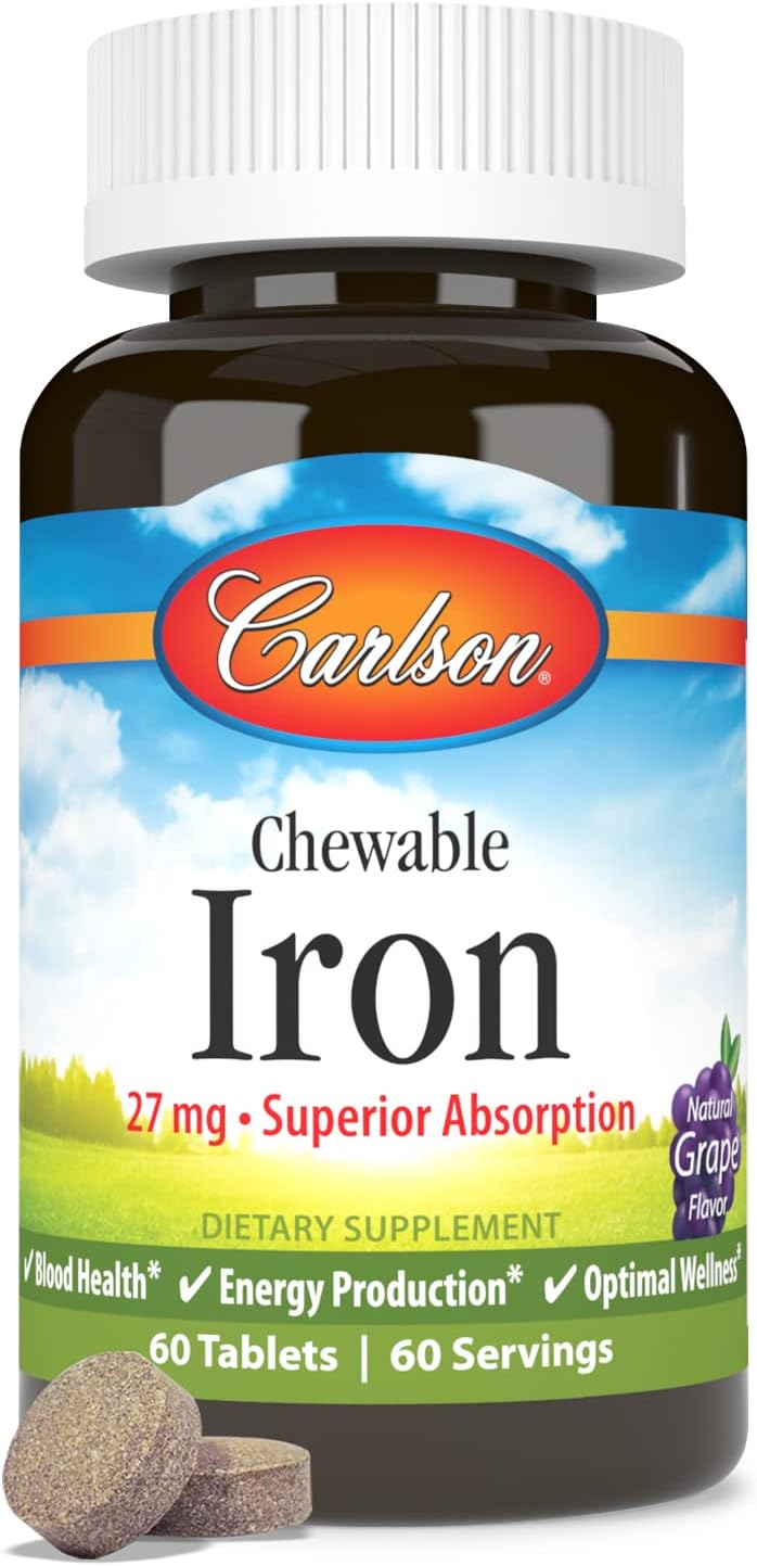 Carlson Chewable Iron Tablets - 27 mg, Superior Absorption for Blood Health & Energy Production - Grape Flavor, 60 Count