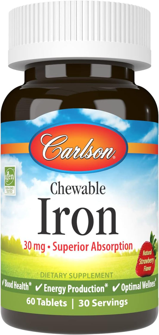 Carlson Chewable Iron Tablets - 30 mg, Natural Strawberry Flavor, Superior Absorption for Blood Health, Energy Production, and Wellness - 60 Count