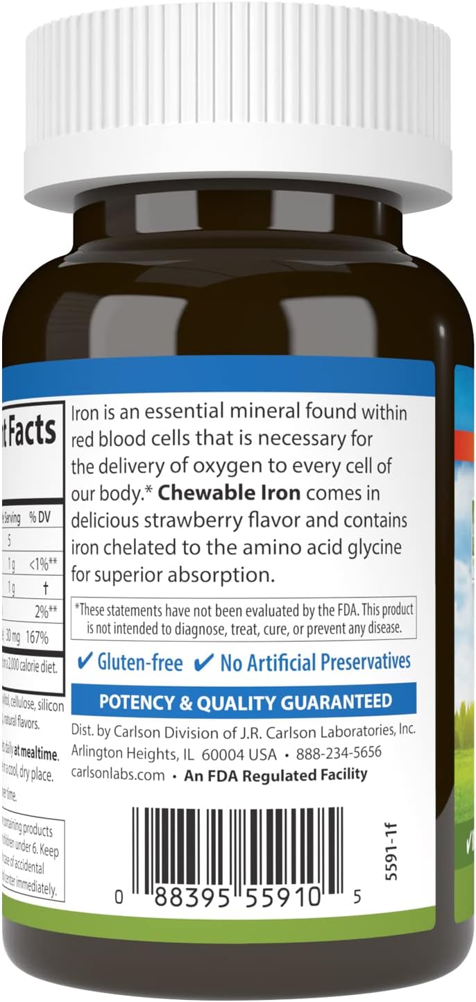Carlson Chewable Iron Tablets - 30 mg, Natural Strawberry Flavor, Superior Absorption for Blood Health, Energy Production, and Wellness - 60 Count