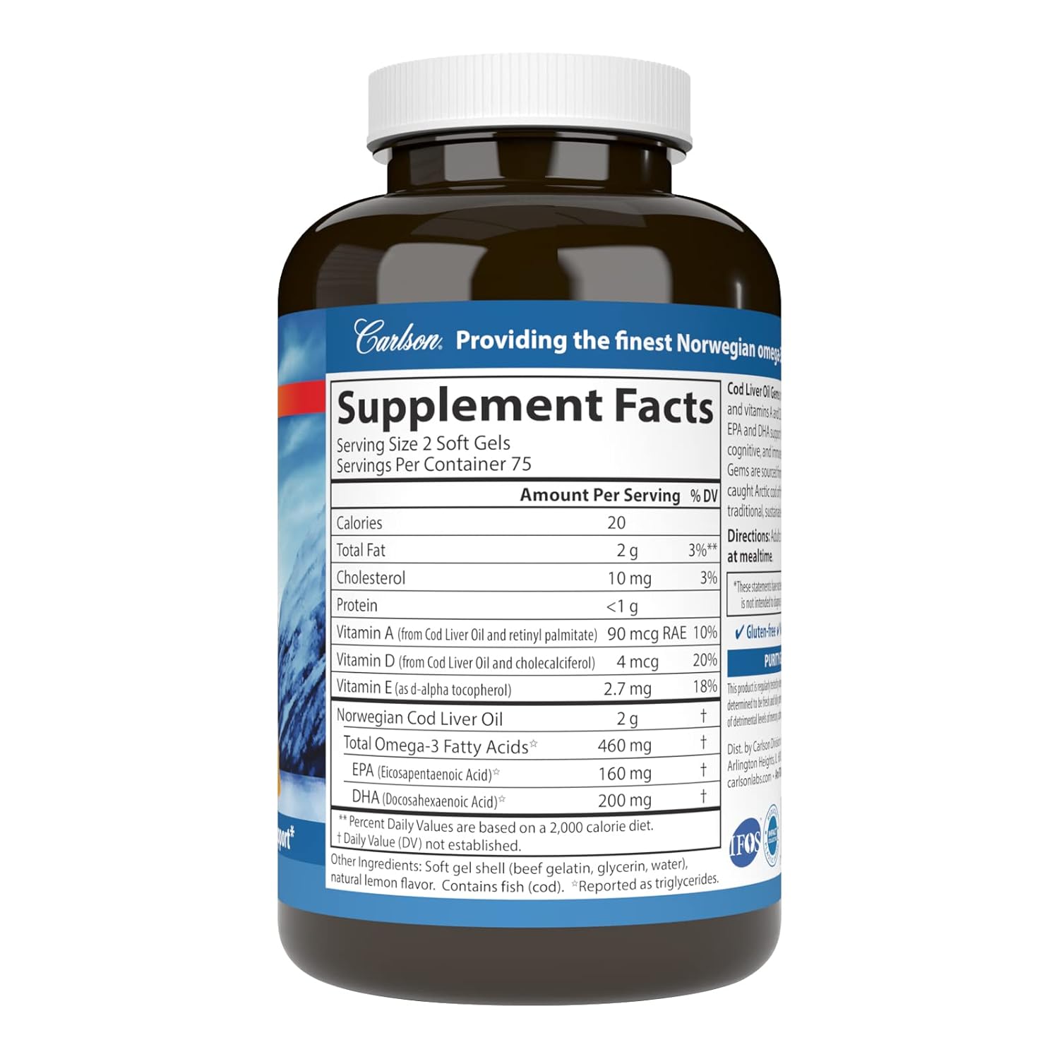 Carlson Cod Liver Oil Gems: 460mg Omega-3s, Vitamins A & D3, Wild Caught Norwegian Arctic Cod, Nordic Fish Oil Softgels
