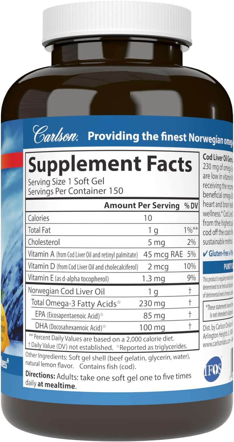 Carlson Cod Liver Oil Gems: Low Vitamin A, 230mg Omega-3s, Norwegian, Wild Caught, Sustainably Sourced - 150 Softgels