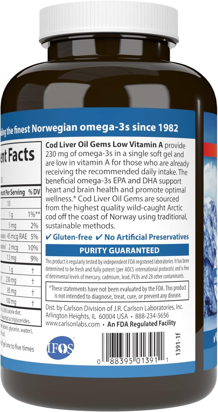 Carlson Cod Liver Oil Gems: Low Vitamin A, 230mg Omega-3s, Norwegian, Wild Caught, Sustainably Sourced - 150 Softgels