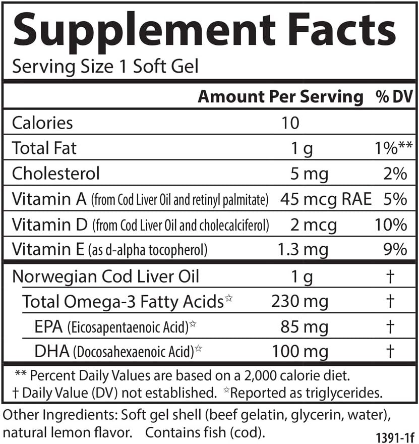Carlson Cod Liver Oil Gems: Low Vitamin A, 230mg Omega-3s, Norwegian, Wild Caught, Sustainably Sourced - 150 Softgels