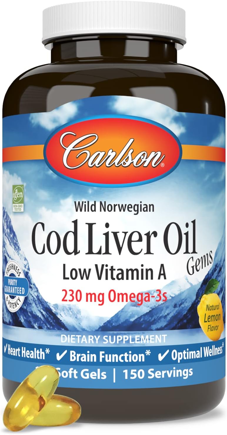 Carlson Cod Liver Oil Gems: Low Vitamin A, 230mg Omega-3s, Norwegian, Wild Caught, Sustainably Sourced - 150 Softgels