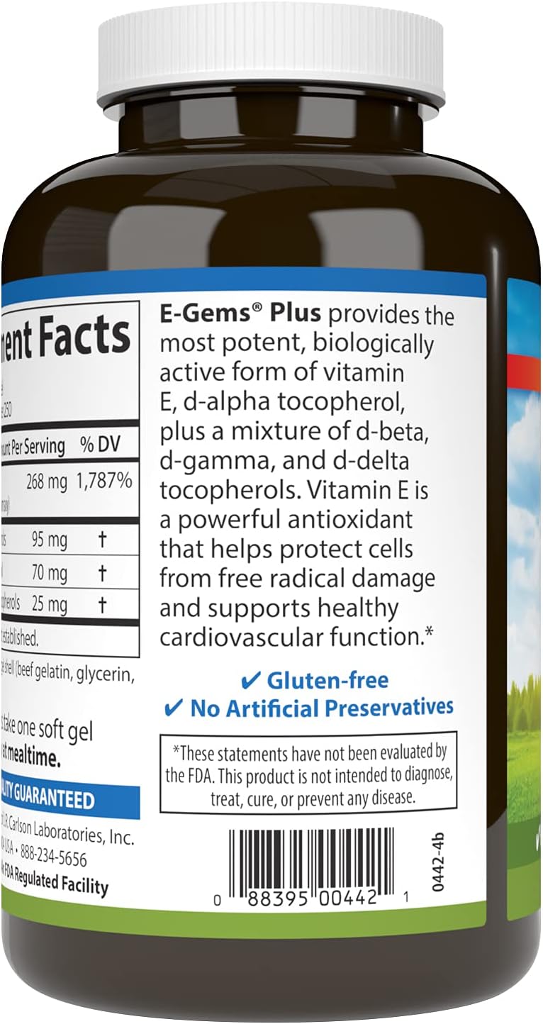 Carlson E-Gems Plus Natural Vitamin E 400 IU Soft Gels - Heart Health Support - 250 Count