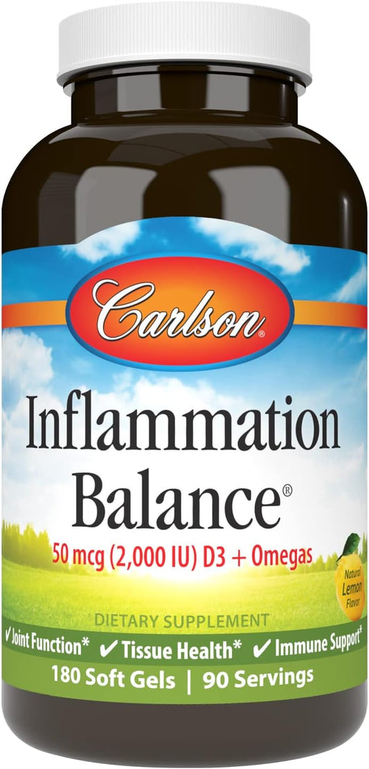 Carlson Inflammation Balance Omega-3 & Omega-6 Supplement with D3 - Norwegian Fish Oil Capsules - 180 Softgels
